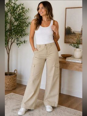 LOFT Khaki Cargo Pants Womens 14 Wide Leg Utility Casual Beige Stretch Pockets